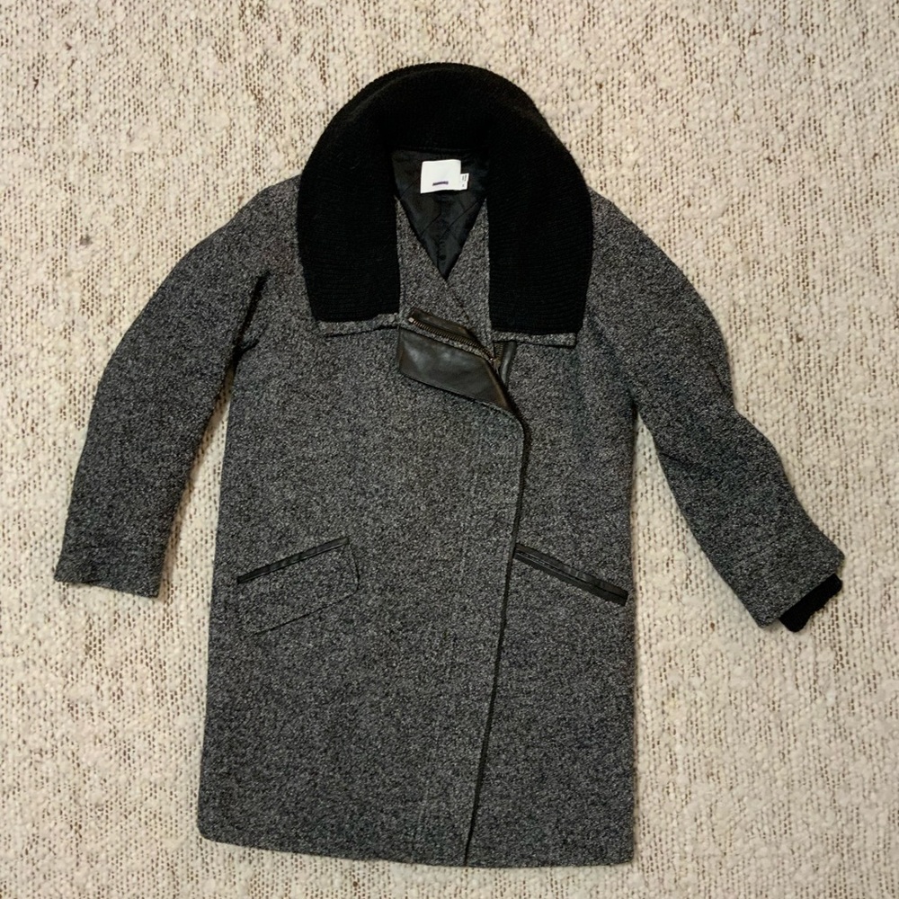 Vince Black Tweed Shawl Collar Asymmetric Zip Coat Leather XS